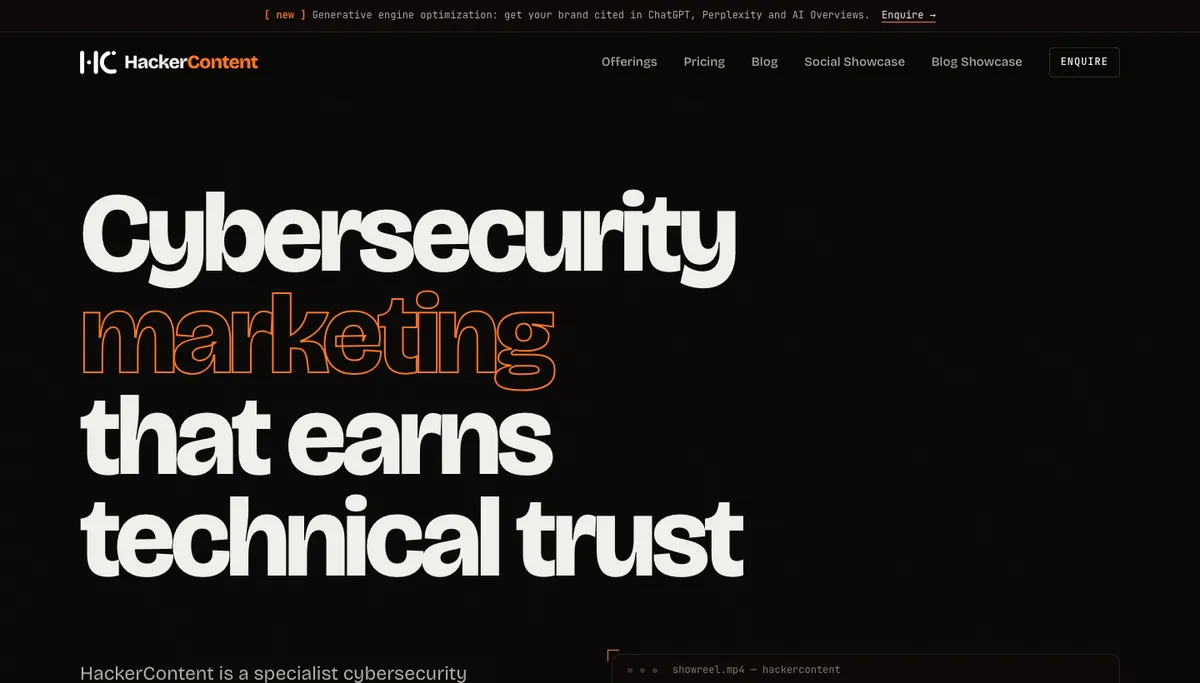 Screenshot of the HackerContent homepage, October 2026
