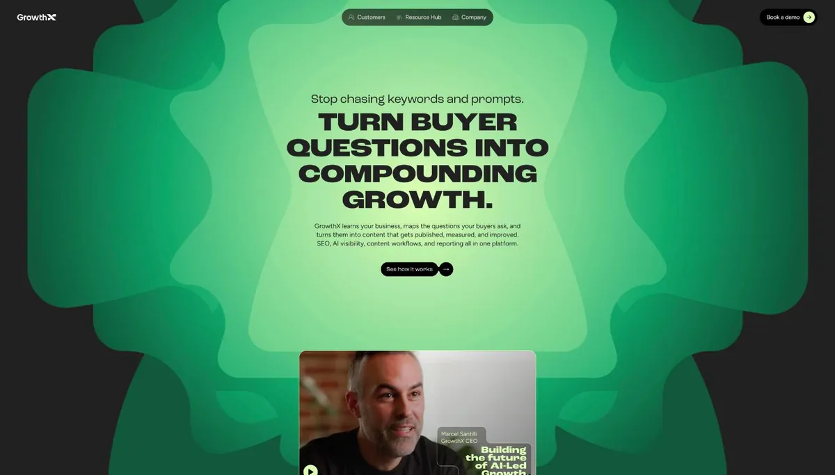 Screenshot of the Growthx homepage, October 2026
