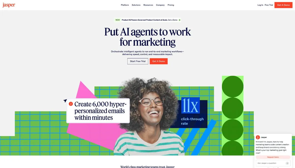 Screenshot of the Jasper homepage, October 2026