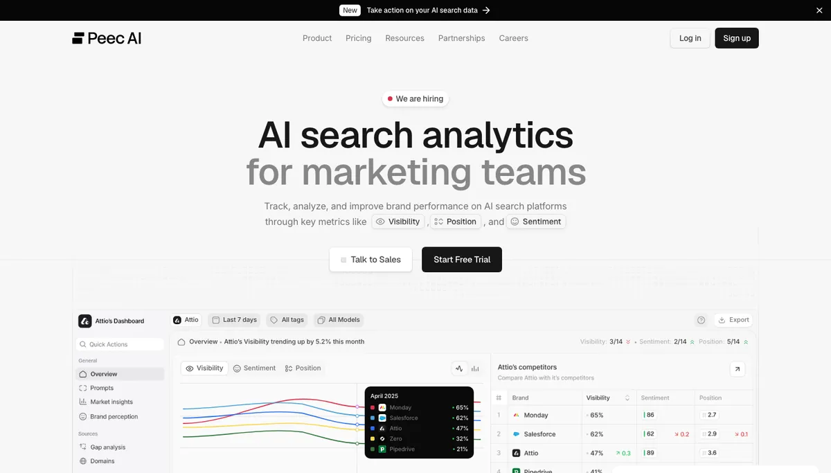 Screenshot of the Peec AI homepage, October 2026