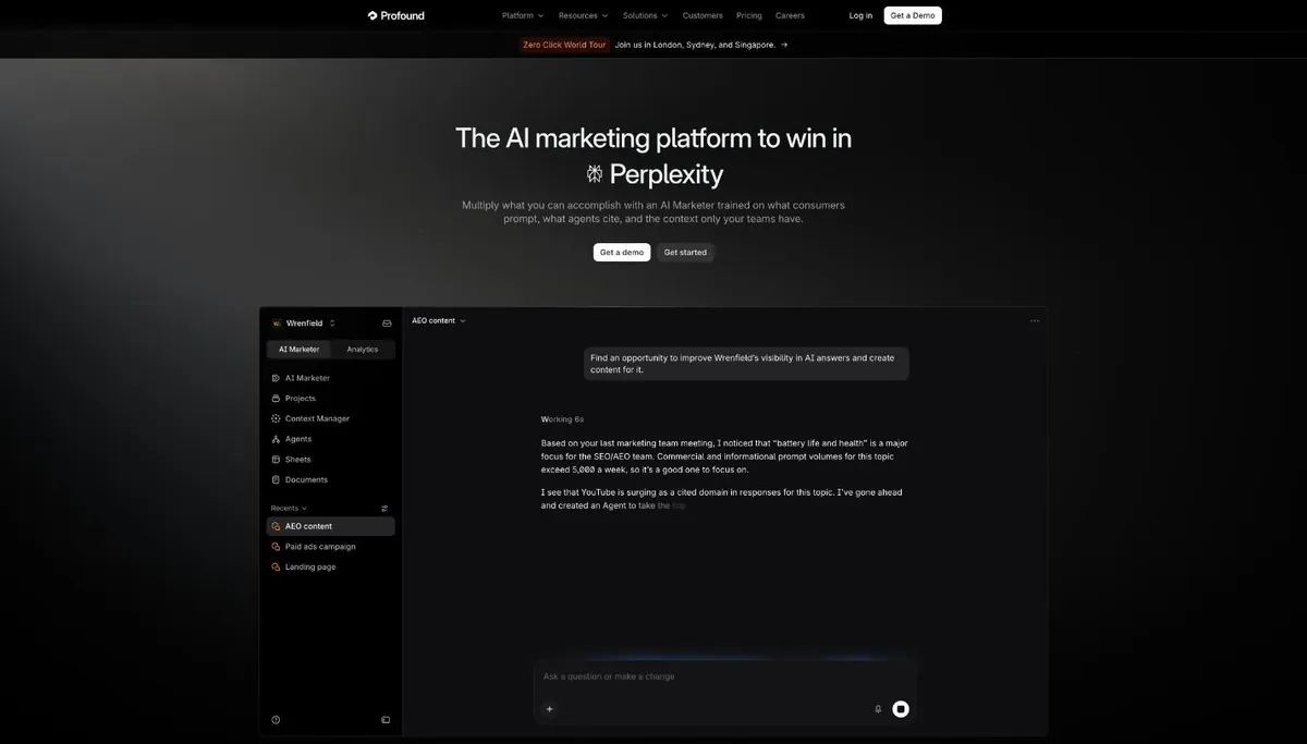 Screenshot of the Profound homepage, October 2026