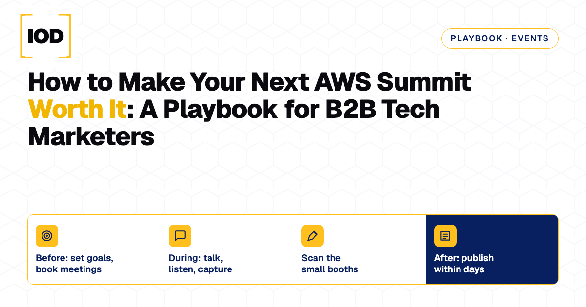AWS Summit playbook for B2B tech marketers: set goals and book meetings before, talk and capture insights during, scan the small booths, publish within days after
