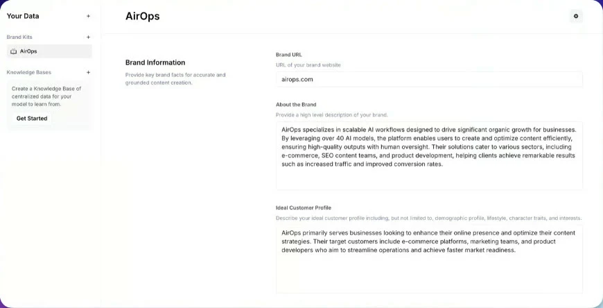 AirOps Brand Kit screen with brand URL, brand description, and ideal customer profile