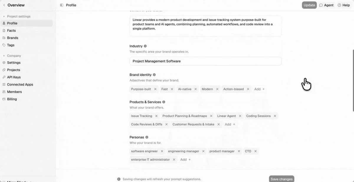 Peec AI brand profile with industry, brand identity, products and services, and personas