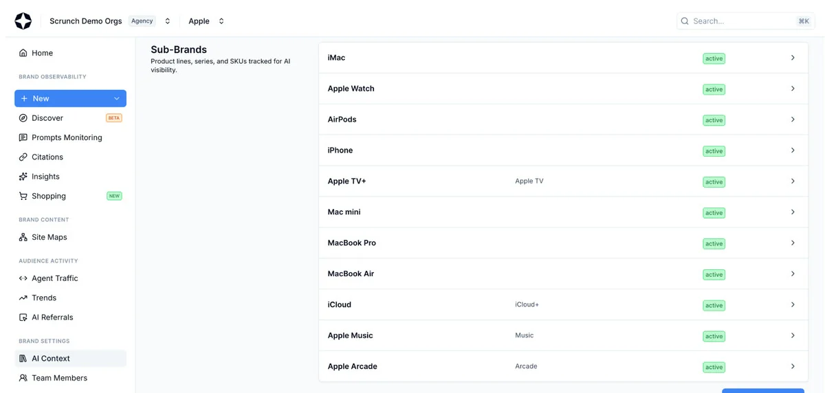 Scrunch AI Context screen listing sub-brands tracked for AI visibility