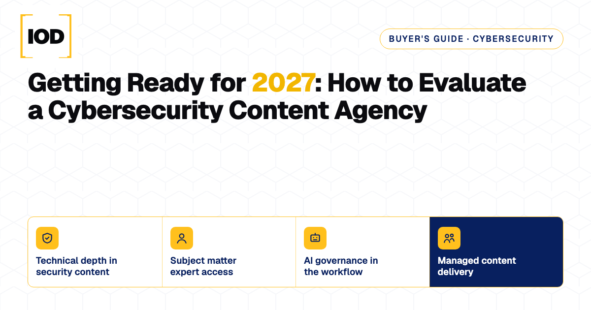 Four filters for evaluating a cybersecurity content agency: technical depth in security content, subject matter expert access, AI governance in the workflow and managed content delivery
